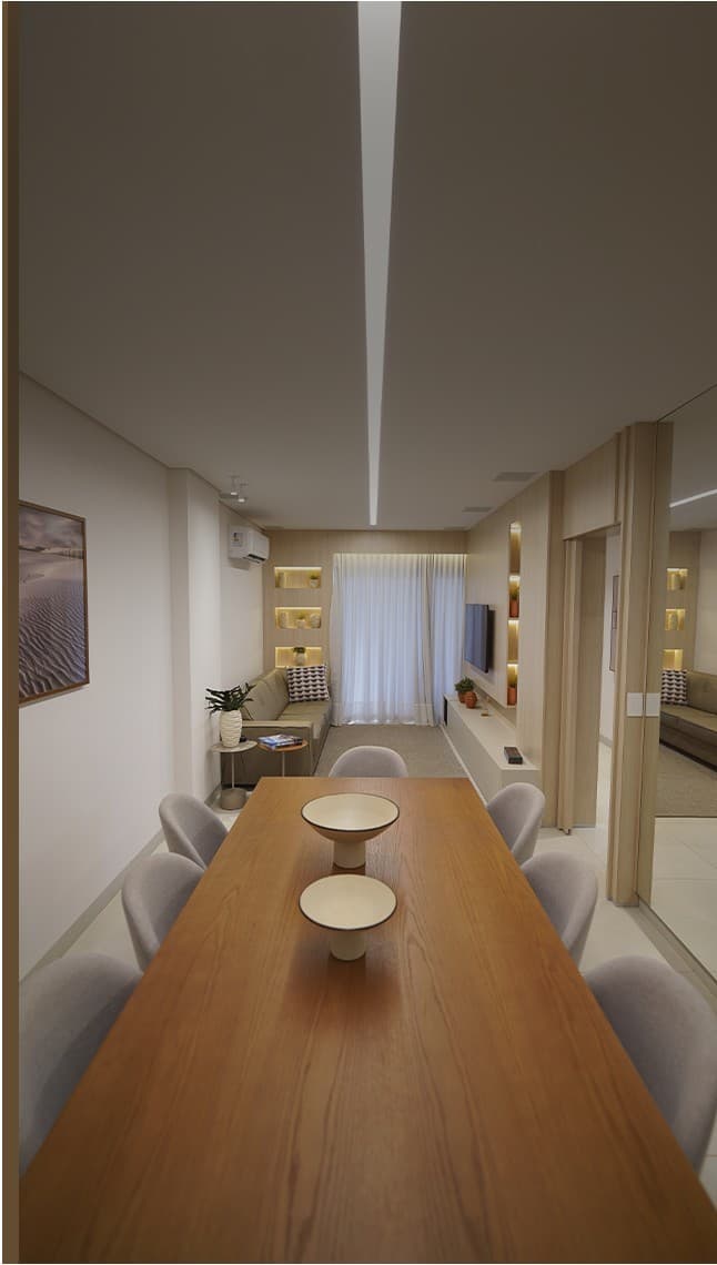 Living decorado e planta inteligente do Lucca Residencial