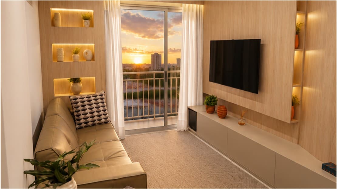 Sala de estar moderna com vista para o pôr do sol no Lucca Residencial
